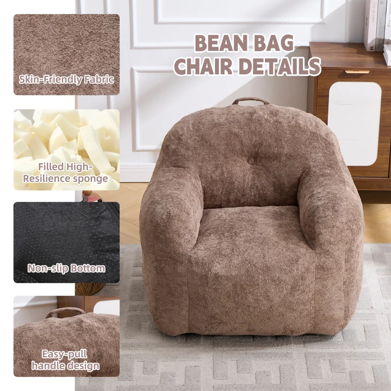 Sitzsack-Sessel mit Armlehnen, Kunstfellbezug, zerkleinerter Schaumstofffüllung, ergonomischer Rückenlehne, 95x95x79 cm, Khaki