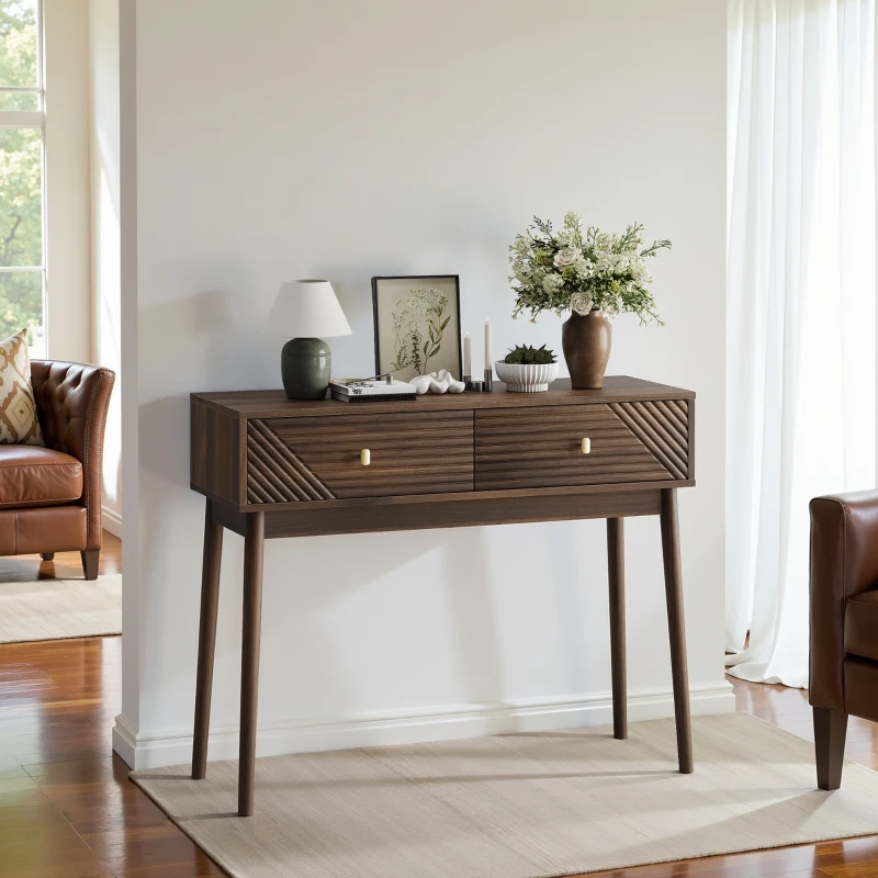 Table console, style mid-century moderne, 2 tiroirs, rangement ouvert, 100x35x80 cm, Noyer