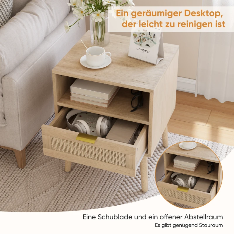 Nachttisch mit Rattanfront, Schublade und offenem Regal, Goldgriff, MDF, 45x40x55 cm, Dunkle Eiche