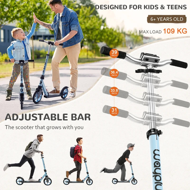 Trottinette pliable dès 6 ans pour enfants, adolescents et adultes, roues 8 pouces, guidon réglable sur 4 niveaux, roulement ABEC9, Bleu bébé