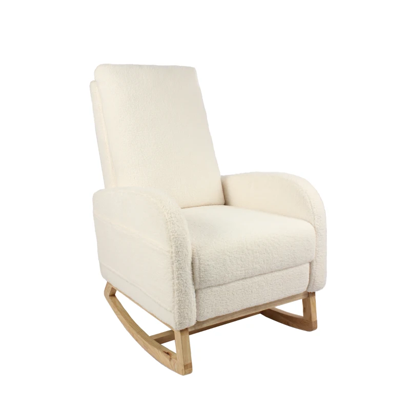 Fauteuil à bascule d’allaitement, dossier haut, tissu teddy, poche latérale, repose-pieds, base en bois courbé, Blanc
