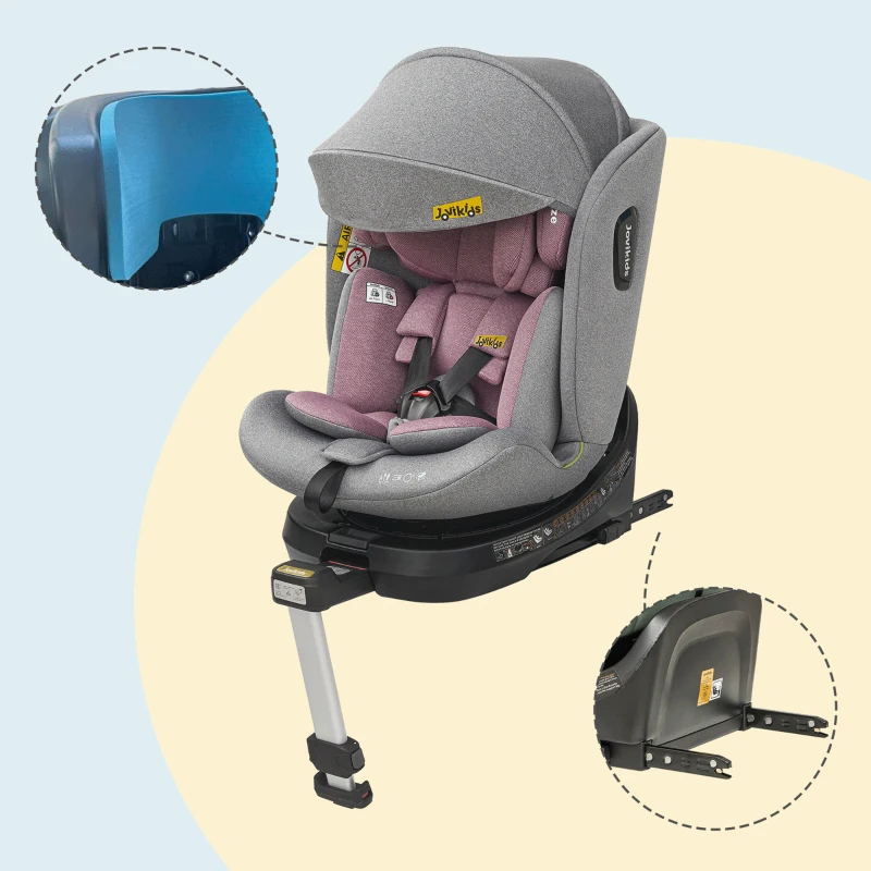 Jovikids drehbarer Kindersitz mit ISOFIX, i-Size, Liegefunktion und Nutzung ab Geburt bis 12 Jahre, Rosa+Grau