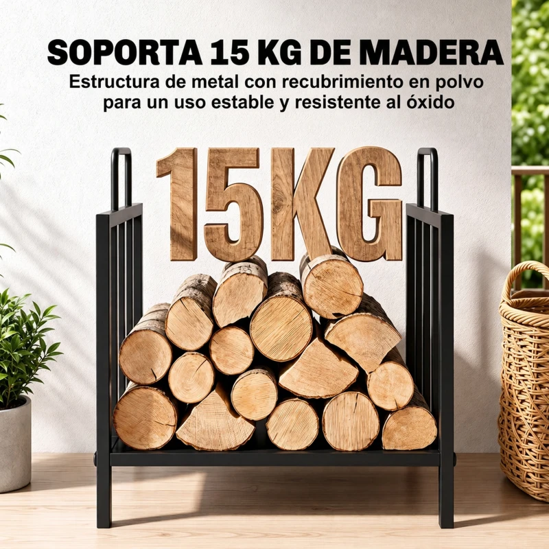 Outsunny Estante de Leña para Chimenea con Asas Leñero Interior y Exterior Almacenaje para Madera Soporte para Leña Tradicional Diseño Elevado 44,5x33x46,5 cm Negro