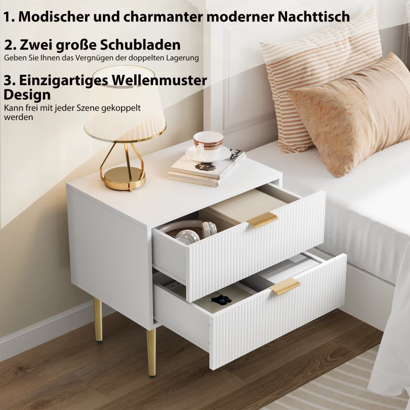 Nachttisch mit 2 Schubladen, vertikalem Rillenmuster, Metallgriffen und Metallbeinen, Antikweiß