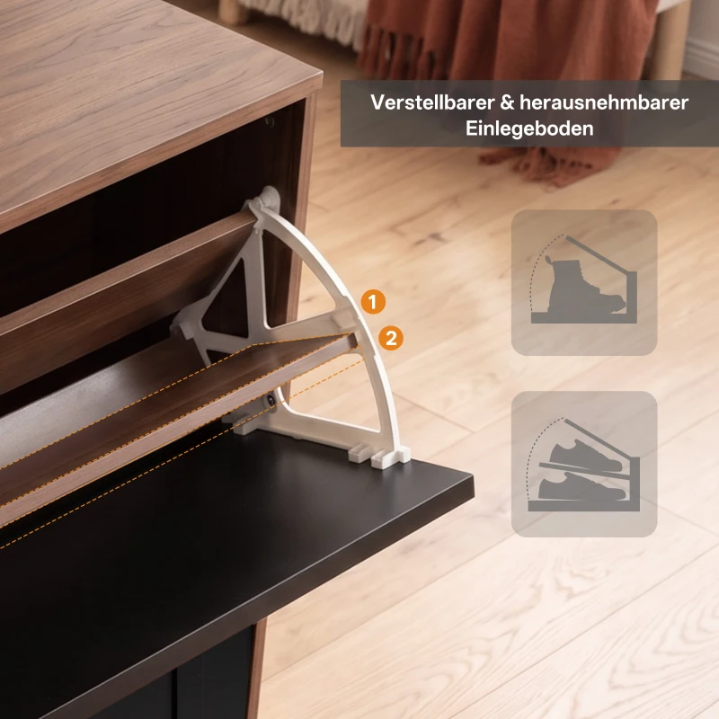 Schuhschrank mit 2 Klappen, schmale Bauform, modernes Skandi-Design, verstellbare Trennwände, Schwarz
