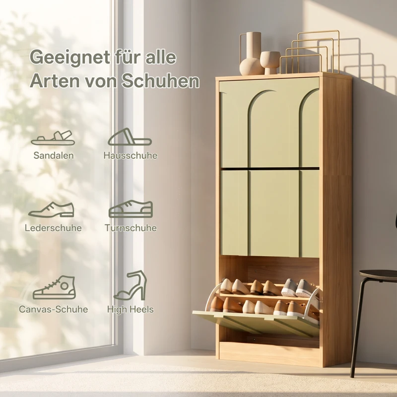 Schuhschrank mit 3 Klappen, schmal, verstellbare Trennwände, Skandi-Stil, 50x24x122,5 cm, Grün