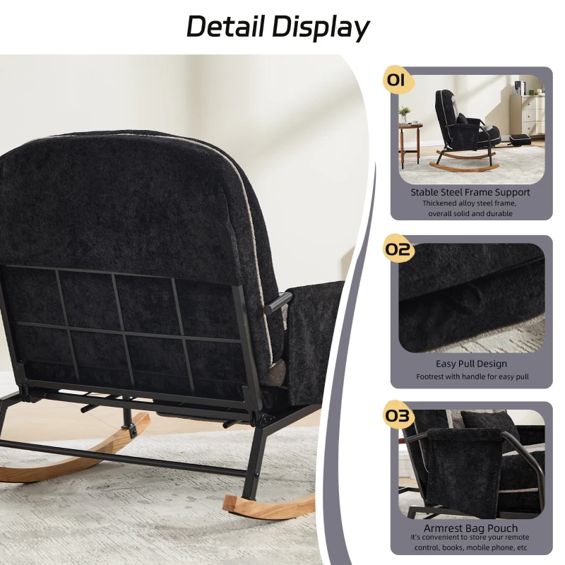 Fauteuil à bascule grand format, dossier réglable, repose-pieds escamotable, coussin rembourré, poches latérales, intérieur et extérieur, Noir+Gris