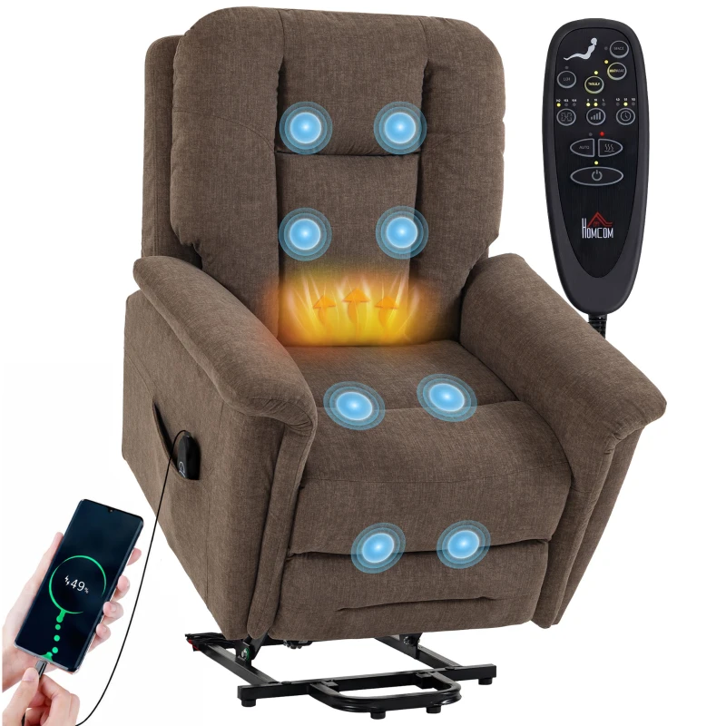 HOMCOM Fauteuil Releveur Électrique Massage et Chaleur Fauteuil Relax Électrique Velours Port USB Dossier Inclinable Marron