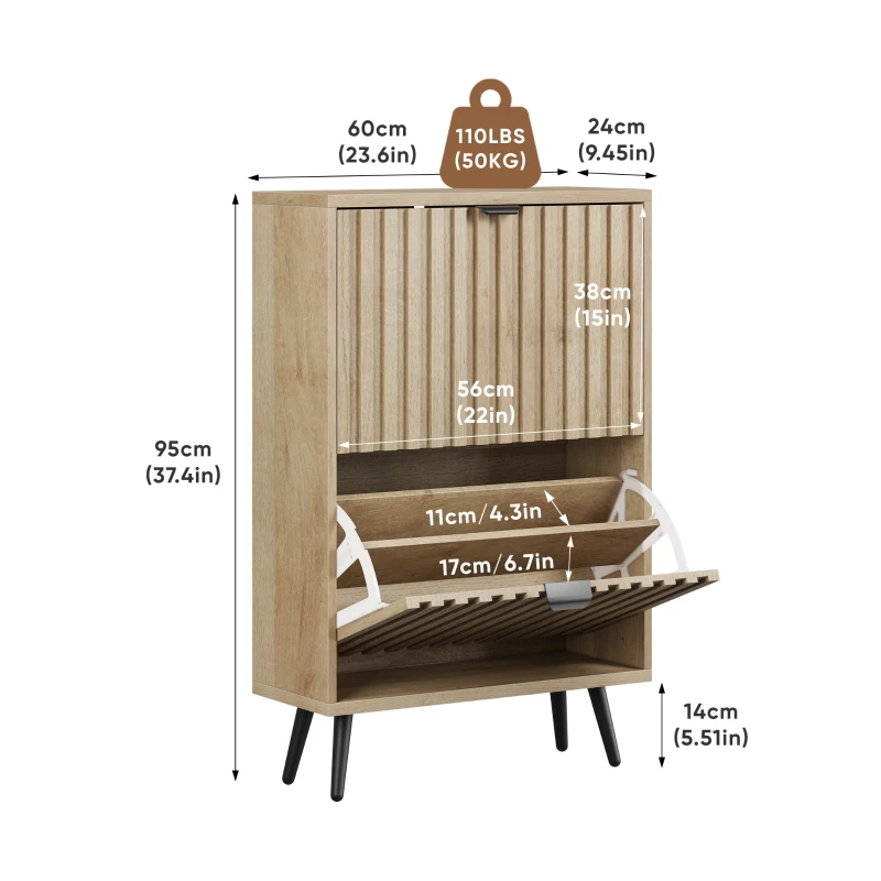 Schuhschrank mit Kippfächern, platzsparend, gerillte Front, freistehend, 60x24x95 cm, Eiche