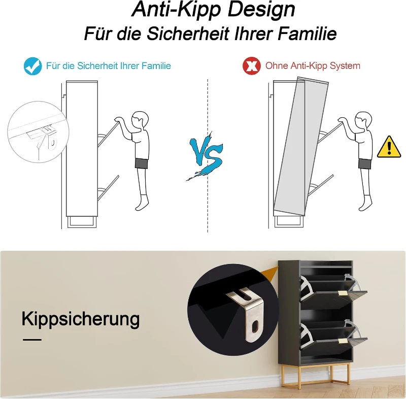 Schuhschrank mit 2 Klappen, schmaler Schuhkipper mit Kippschutz und verstellbaren Trennwänden, 50x24x103,5 cm, Schwarz