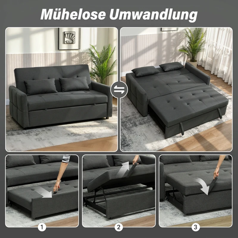 HOMCOM 2-Sitzer-Schlafsofa, 3-in-1 Ausziehsofa mit verstellbarer Rückenlehne, breiter Sitzfläche, Dunkelgrau