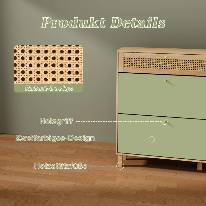 Schuhschrank mit Rattan-Elementen, verstellbaren und herausnehmbaren Trennwänden, platzsparendes Design, 107x24x105 cm, Grün