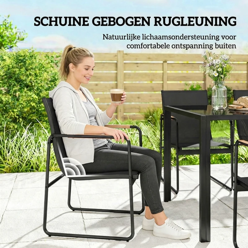 Outsunny Tuinmeubelset zitgroep 150 x 80 cm glazen tafel met 6 ademende stoelen decoratieve armleuningen zwart