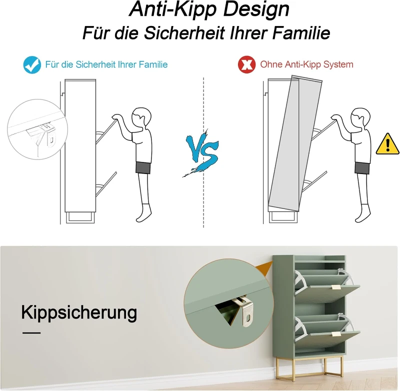Schuhschrank mit 2 Klappen, schmal, mit Kippschutz und verstellbaren Trennwänden, 50x24x103,5 cm, Grün