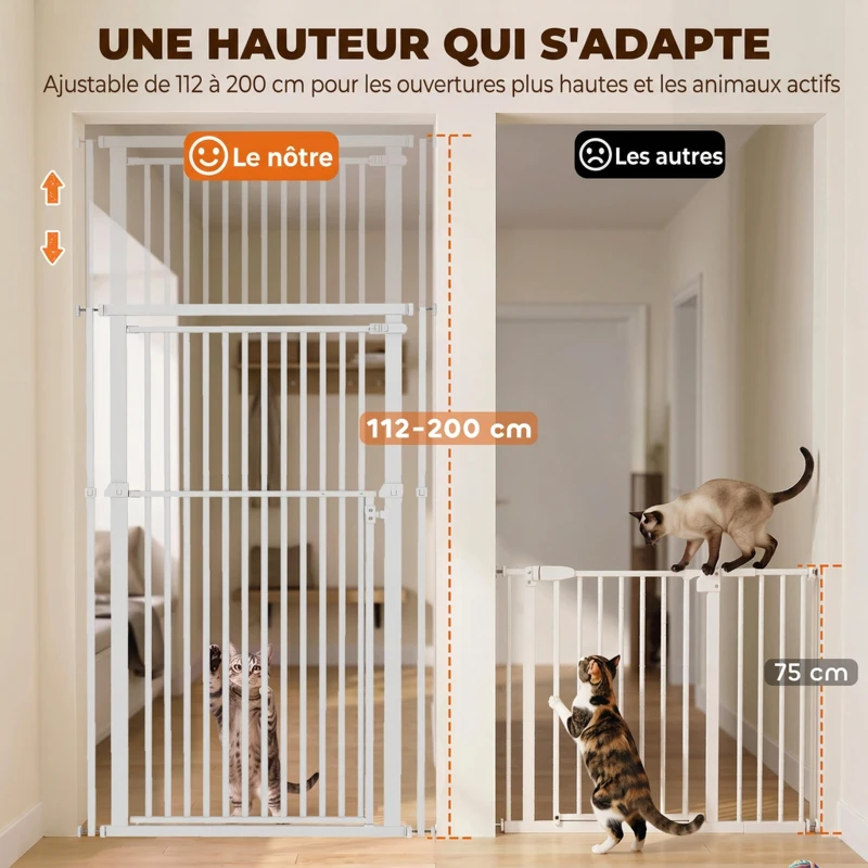 PawHut Barrière de Sécurité Chat Barrière Chien Extra-Haute 112-200cm Réglable Anti-Saut Double Sens Acier 70x200 cm Blanc