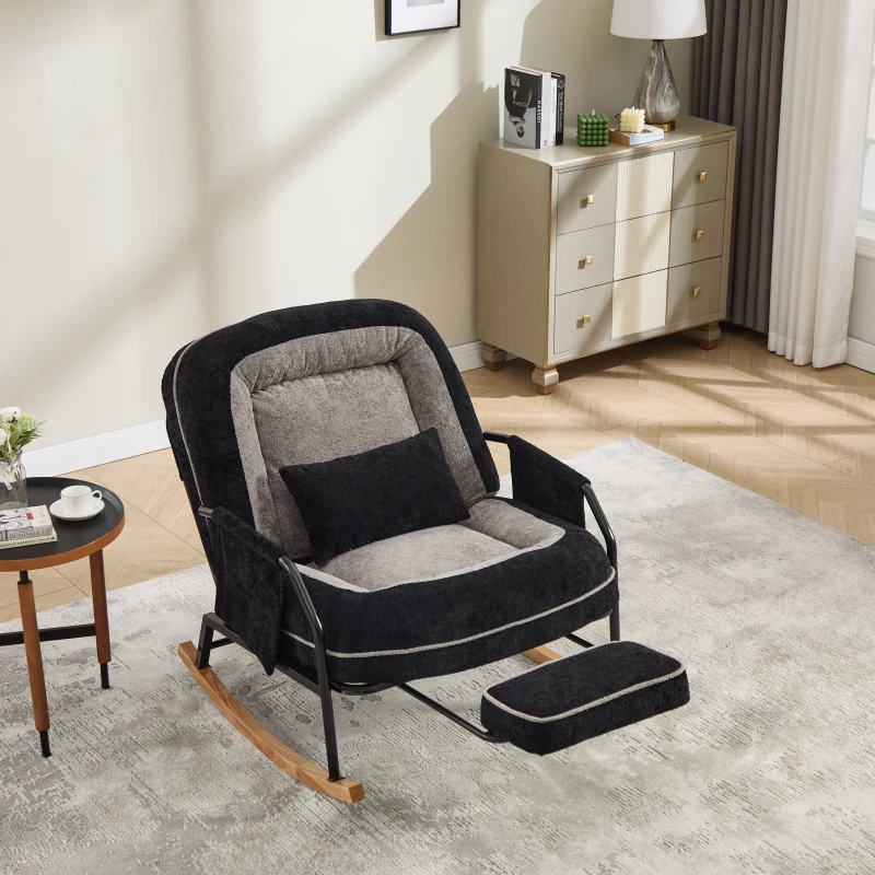 Fauteuil à bascule grand format, dossier réglable, repose-pieds escamotable, coussin rembourré, poches latérales, intérieur et extérieur, Noir+Gris