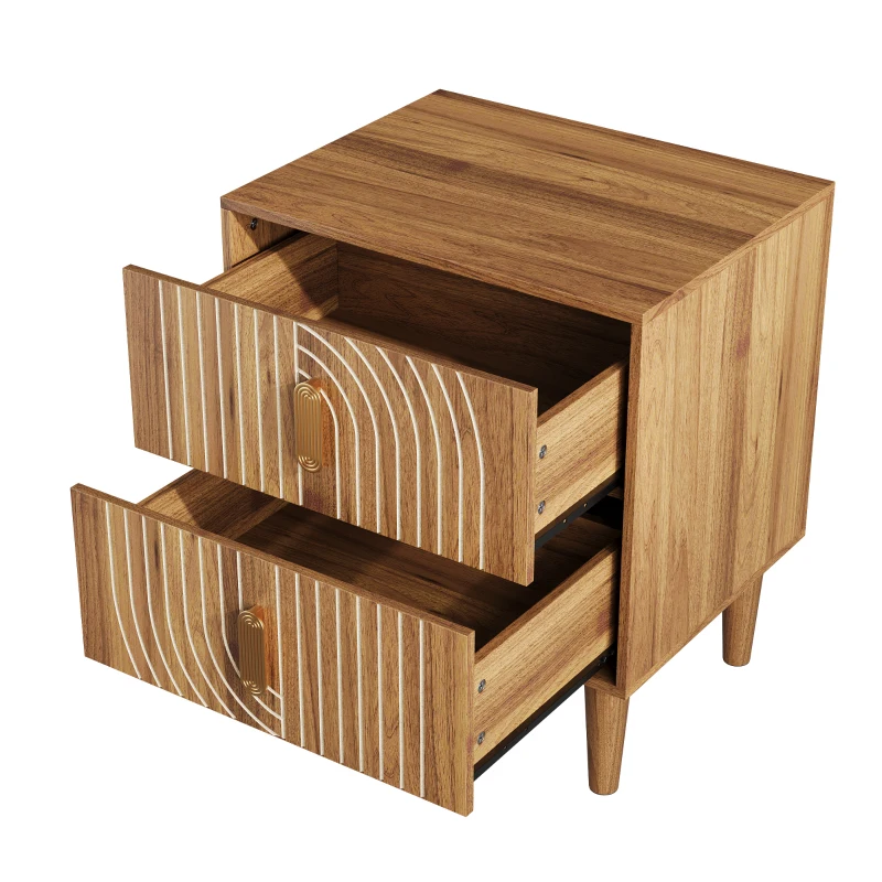 Nachttisch mit 2 Schubladen und geometrischen Intarsien, Boho-Stil, MDF, 48x38x56 cm, Walnussbraun