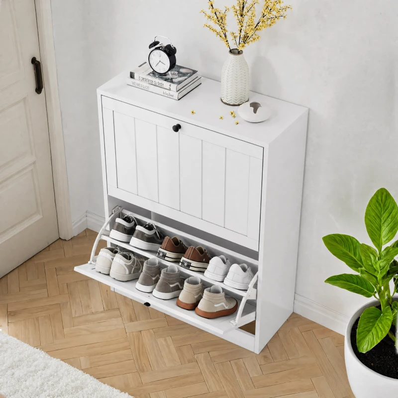 Schuhschrank, freistehend, schmal, Mid-Century-Modern-Stil, 60x24x80 cm, Weiß