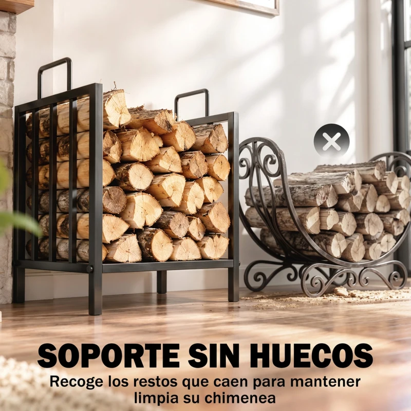 Outsunny Estante de Leña para Chimenea con Asas Leñero Interior y Exterior Almacenaje para Madera Soporte para Leña Tradicional Diseño Elevado 44,5x33x46,5 cm Negro