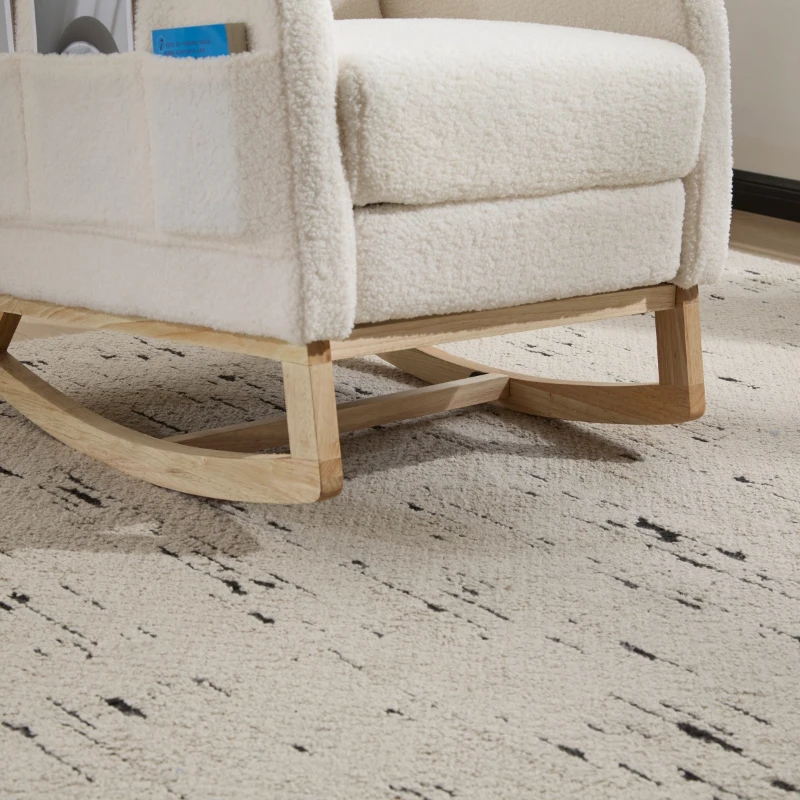 Fauteuil à bascule d’allaitement, dossier haut, tissu teddy, poche latérale, repose-pieds, base en bois courbé, Blanc