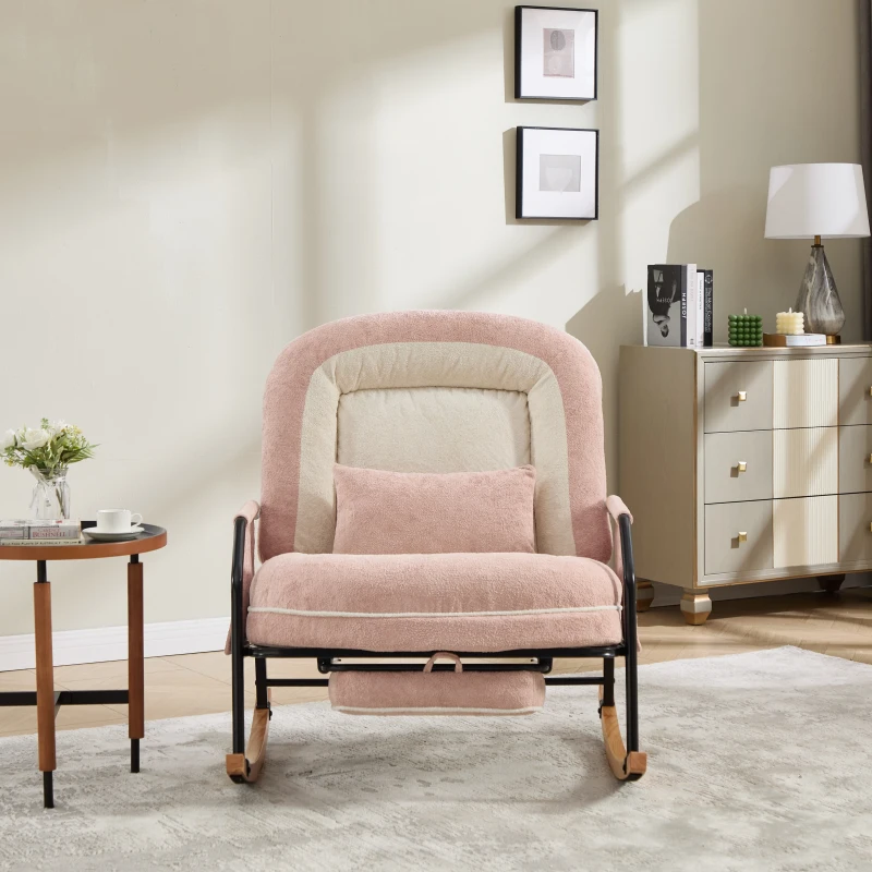 Fauteuil à bascule grand format, dossier réglable et repose-pieds escamotable, poches latérales, coussin rembourré, intérieur et extérieur, Rose