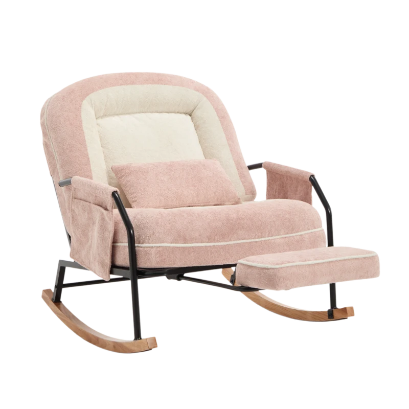 Fauteuil à bascule grand format, dossier réglable et repose-pieds escamotable, poches latérales, coussin rembourré, intérieur et extérieur, Rose
