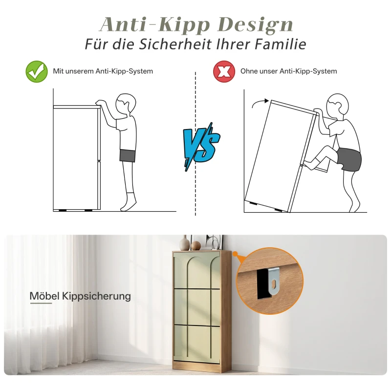 Schuhschrank mit 3 Klappen, schmal, verstellbare Trennwände, Skandi-Stil, 50x24x122,5 cm, Grün
