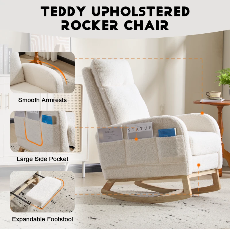 Fauteuil à bascule d’allaitement, dossier haut, tissu teddy, poche latérale, repose-pieds, base en bois courbé, Blanc