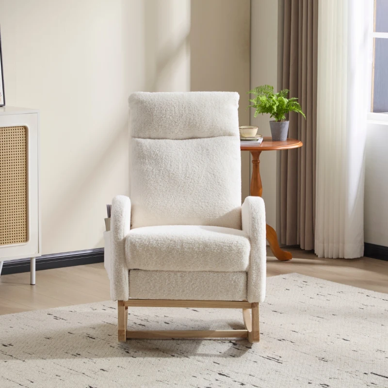 Fauteuil à bascule d’allaitement, dossier haut, tissu teddy, poche latérale, repose-pieds, base en bois courbé, Blanc