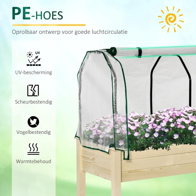 Outsunny Verhoogd Bed, Oprolbare Folieafdekking, Natuurlijk Houten Frame, Stofvoering, Afvoeropeningen, 121 x 55 x 117cm