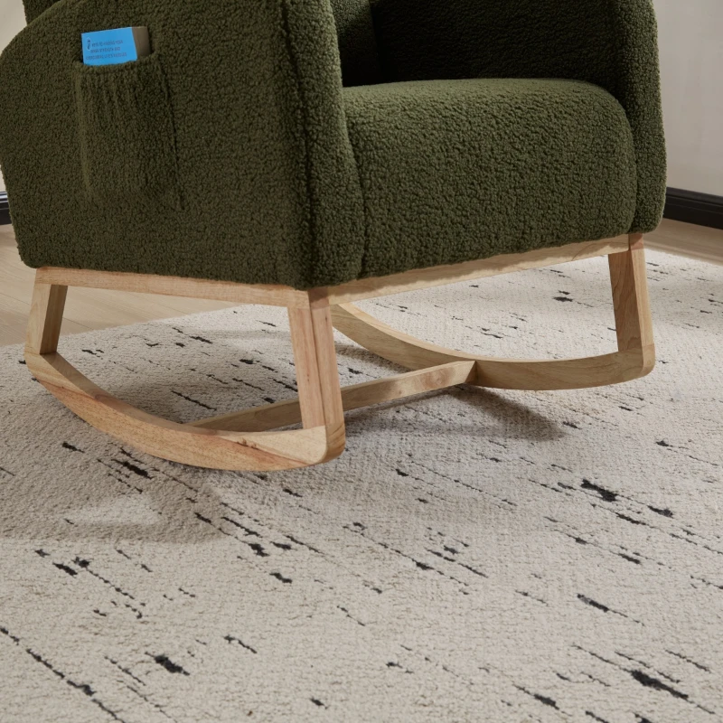 Fauteuil à bascule d’allaitement en tissu teddy, dossier haut ergonomique, base incurvée en bois et poche latérale, Vert