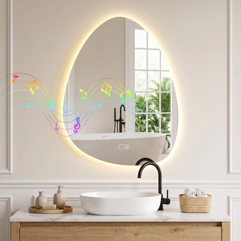 HOMCOM Oglindă de baie cu LED, 3 culori, 60x80 cm, neregulată, Bluetooth, antiaburire, touch