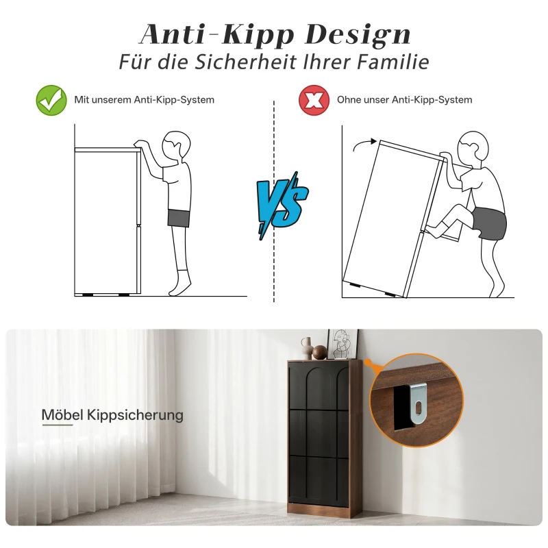 Schmaler Schuhschrank mit 3 Klappen, modernes Skandi-Design, Schwarz