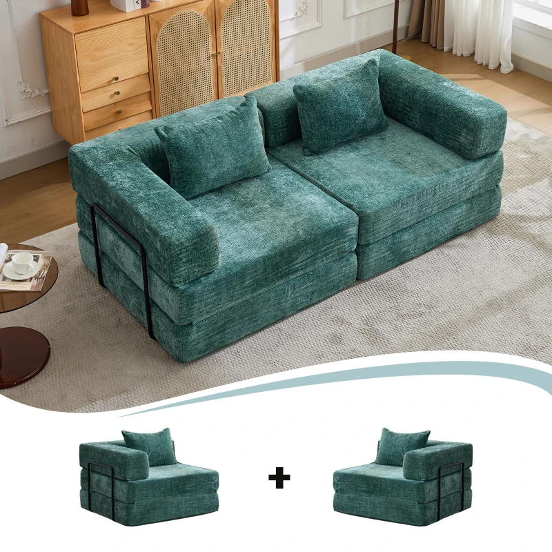 Wandelbares Bodenschlafsofa, modulares Design, Chenillebezug, ohne Montage, 200x100x63 cm, Dunkelgrün