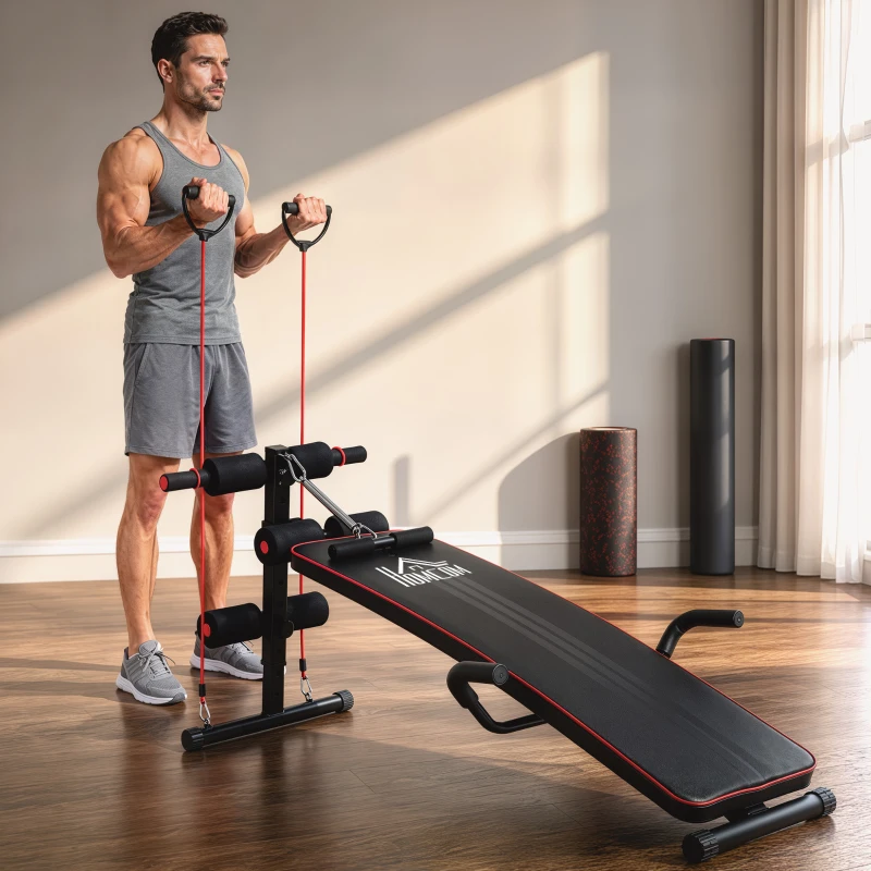 HOMCOM Banc de musculation appareil à abdo hauteur réglable 137,5L x 55,5l x 50-68H cm 2 bandes de résistances + ressort central traction acier noir rouge