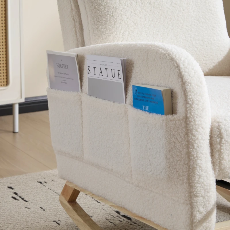 Fauteuil à bascule d’allaitement, dossier haut, tissu teddy, poche latérale, repose-pieds, base en bois courbé, Blanc