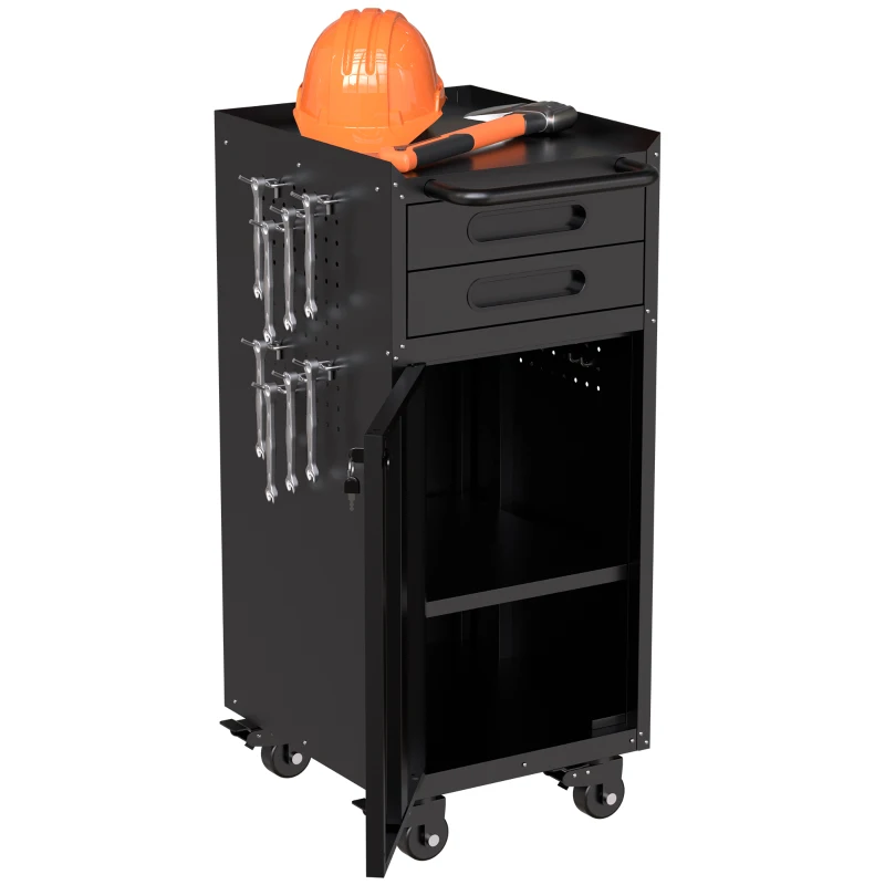 Armoire à outils mobile étroite en métal, porte verrouillable, 2 tiroirs et roulettes pivotantes, Noir