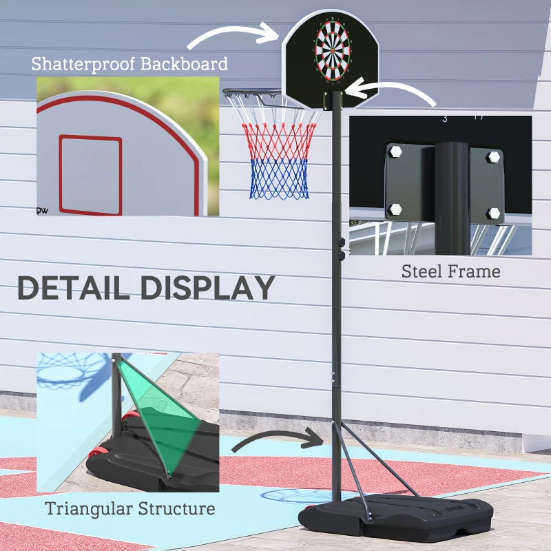 SPORTNOW Panier de Basket Extérieur et Fléchettes 2 en 1, Hauteur Réglable 210-247cm, Portable, Roues, Base Remplissable, Noir