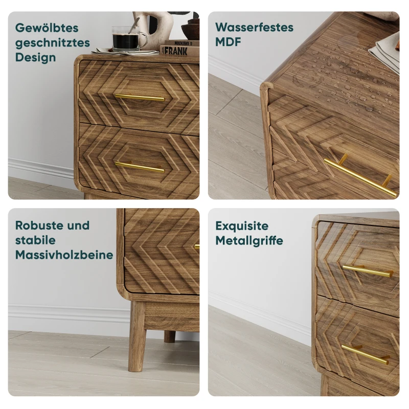 Nachttisch mit zwei Schubladen, geometrischem 3D-Relief, abgerundeten Kanten, 48x38x56 cm, Walnussbraun