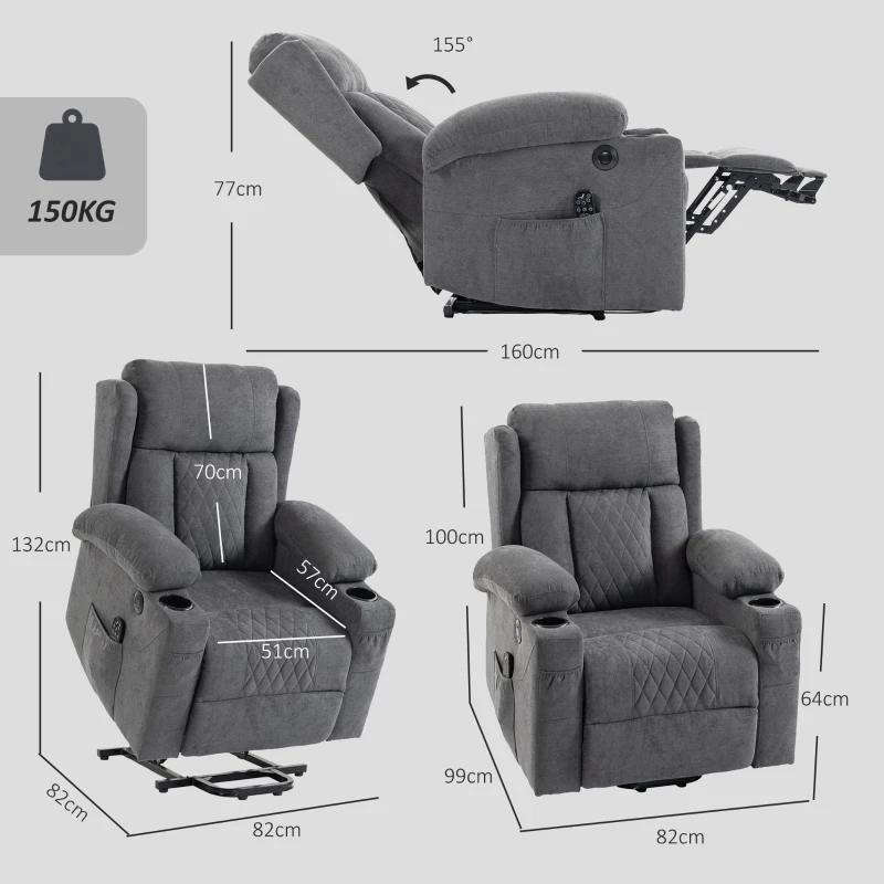 HOMCOM Fauteuil Releveur Électrique Massage Vibration et Chaleur, Fauteuil Relax Électrique Inclinable en Tissu Éponge, Gris