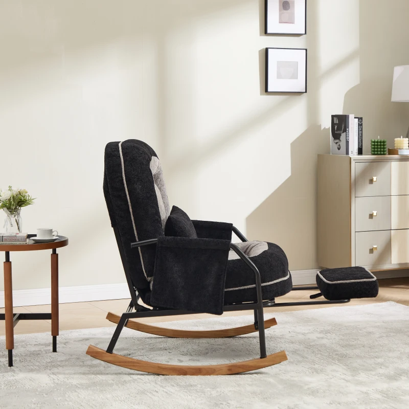 Fauteuil à bascule grand format, dossier réglable, repose-pieds escamotable, coussin rembourré, poches latérales, intérieur et extérieur, Noir+Gris