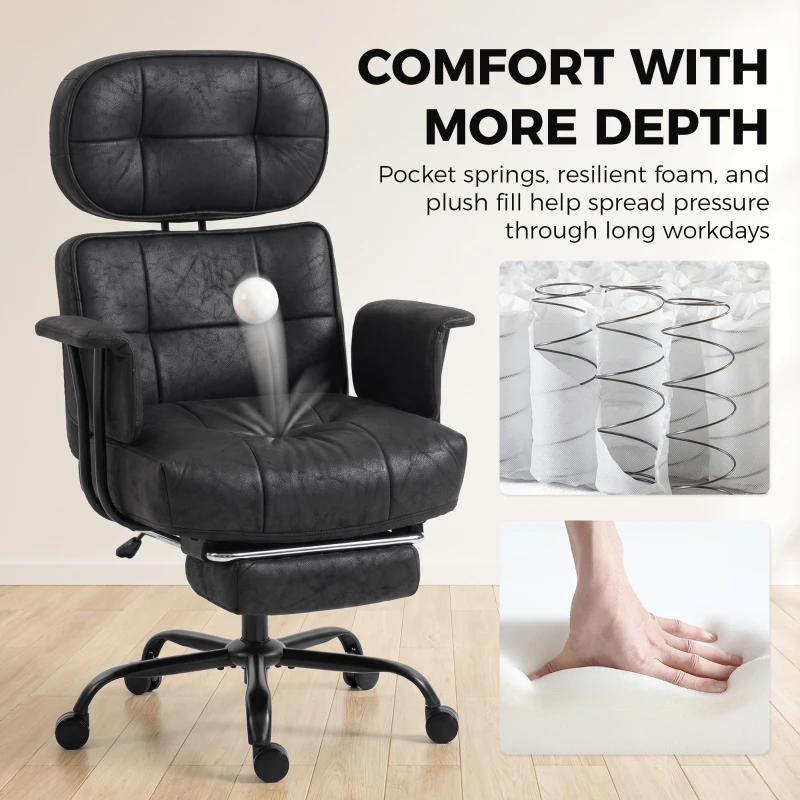 HOMCOM Office Chair, Big and Tall Desk Chair with Footrest, Wide Seat, Leathaire, Reclining Back, Swivel Wheels, Black