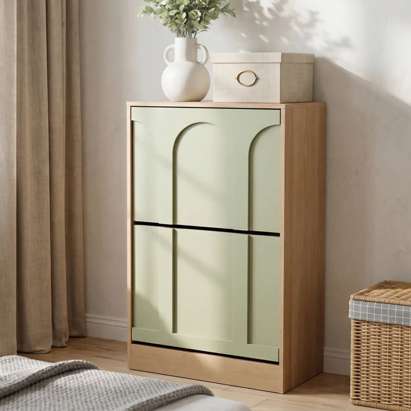 Schuhschrank mit 2 Klappen, schmal, verstellbare Trennwände, Skandi-Design, Grün