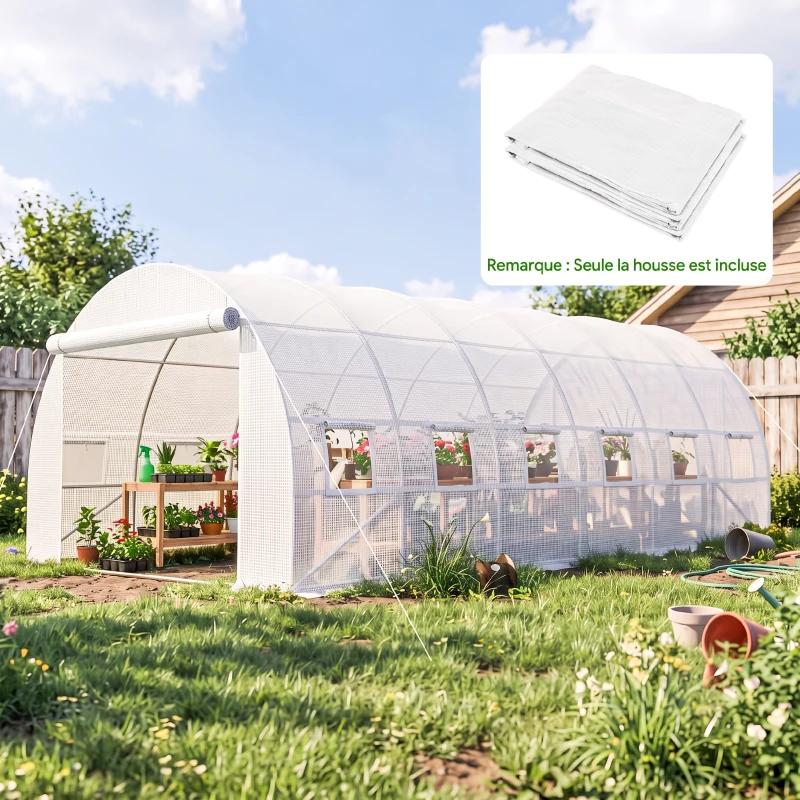 Outsunny Bâche de Rechange Serre Tunnel 18 m², bâche 6L x 3l x 2H m PE Anti-UV imperméable 12 fenêtres + Porte Enroulable zippée