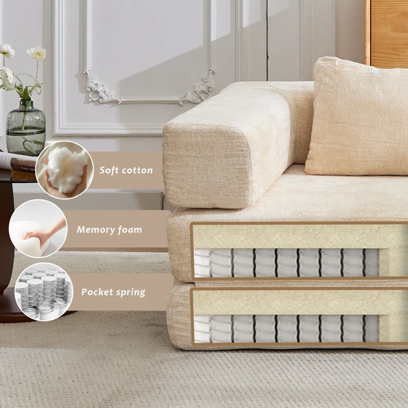 Wandelbares modulares Boden-Schlafsofa aus Chenille, klappbare Sofa- und Matratzenfunktion, 200x100x63 cm, Beige