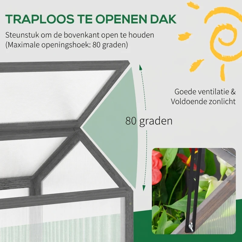 Outsunny Mini-broeikas, Compact plantenhuis van hout, Polycarbonaat panelen, Ventilatieopening, 90L x 52B x 49,5H cm, Grijs