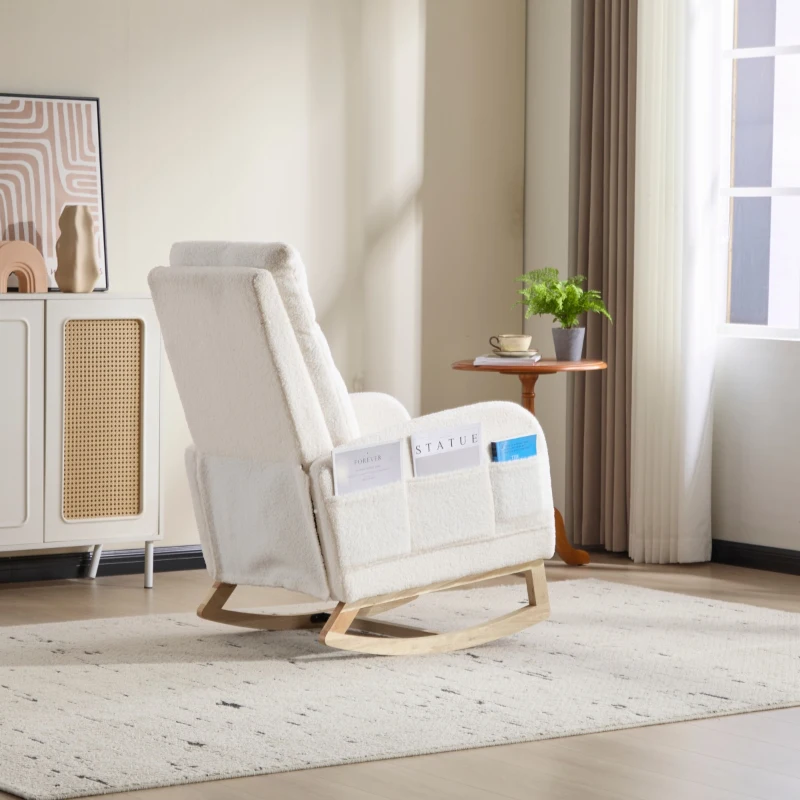 Fauteuil à bascule d’allaitement, dossier haut, tissu teddy, poche latérale, repose-pieds, base en bois courbé, Blanc