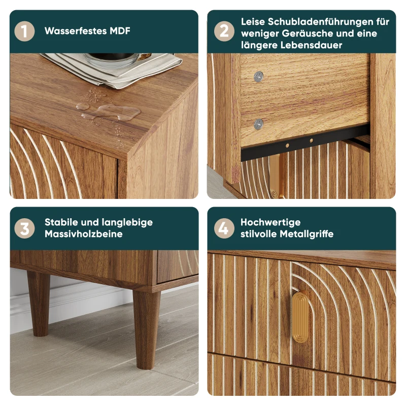 Nachttisch mit 2 Schubladen und geometrischen Intarsien, Boho-Stil, MDF, 48x38x56 cm, Walnussbraun
