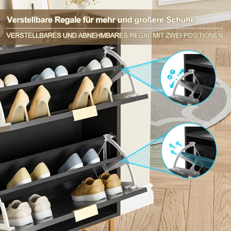 Schuhschrank mit 2 Klappen, schmaler Schuhkipper mit Kippschutz und verstellbaren Trennwänden, 50x24x103,5 cm, Schwarz
