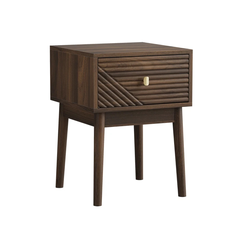 Nachttisch, Mid-Century-Modern-Stil, gerilltes Design und Metallgriffe, 40x40x55 cm, Walnuss